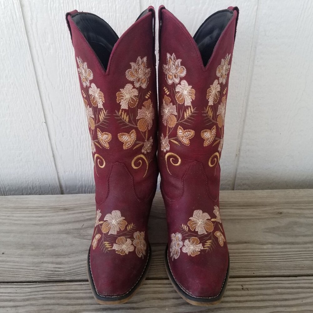 Roper Flower Embroidery Womens Wine Cowboy Western Boots 9 M - Picture 11 of 13